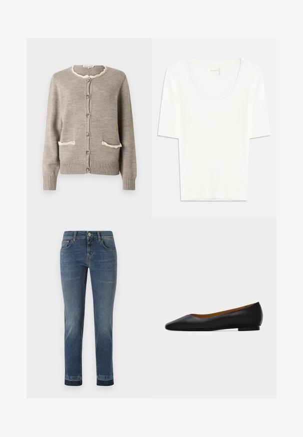 Hellbrauner Cardigan mit strukturierter Strickoptik, ausgestattet mit einem gewellten cremefarbenen Ausschnitt, zwei Vorder Taschen und braunen Knöpfen. Gerippte Bündchen und Saum.; Weißes T-Shirt mit kurzen Ärmeln und rundem Ausschnitt. Hergestellt aus weichem Baumwollstoff, bietet es einen lässigen Schnitt und ein minimalistisches Design.; Dunkelblaue Jeans aus Denim mit geradem Bein, klassischem Knopfverschluss und fünf Taschen. Leichte Ausbleichungen an den Oberschenkeln.; Schwarzer flacher Schuh aus Leder mit spitz zulaufender Vorderkappe, niedrigem Absatz und glatter Oberfläche, von der Seite vor einem hellgrauen Hintergrund dargestellt.