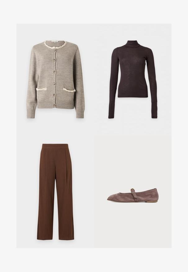 Cardigan marron clair en tricot texturé, avec un col cranté crème, deux poches à l'avant et des boutons marron. Poignets et ourlet côtelés.; Pull col roulé marron foncé à manches longues, coupe ajustée et tissu léger sur un fond clair uni.; Pantalon marron à jambes larges avec une texture lisse, présentant un devant plat et des plis. La taille est élastiquée pour le confort et l'ajustement.; Chaussure plate Mary Jane en daim marron avec un bout pointu et une petite bride à boucle dorée sur fond blanc.