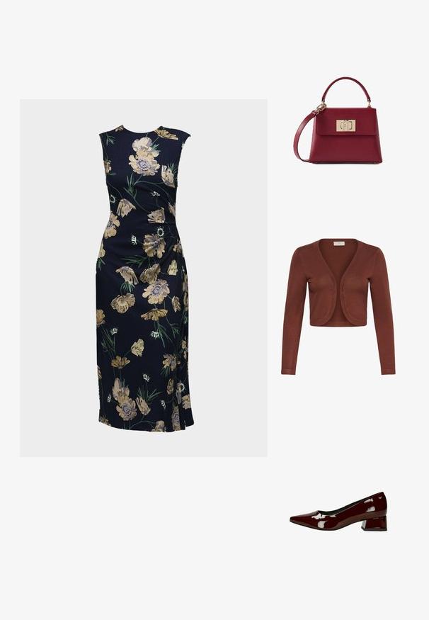 Cardigan marron cropped à manches longues, ouvert sur le devant avec des bords arrondis et un design en maille ajustée.; Robe midi moulante sans manches bleu foncé avec un imprimé floral jaune et vert, détail fente sur le côté et encolure ronde.; Escarpin brillant pour femme, de couleur bordeaux foncé, à talon bas et bloc, avec bout pointu, présenté en profil latéral sur fond blanc.; Sac à main en cuir bordeaux avec poignée supérieure incurvée, bandoulière amovible et fermoir rectangulaire doré sur le rabat avant.