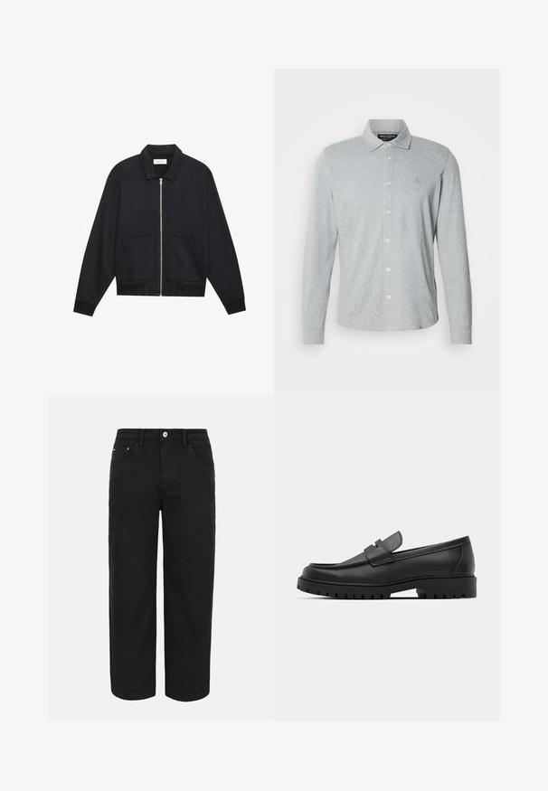 Sort lynlåsjakke med krave, to frontlommer, ribbede manchetter og en struktureret stoffinish. Enkel og moderne design.; Langærmet grå poloshirt lavet af blød bomuld, med knaplukning foran, spidst krave og diskret logo på brystet.; Sorte bukser med lige ben, forrest med knap- og lynlåslukning, bæltestropper og tre forlommer på en ensfarvet lys baggrund.; Sorte læder loafers med rund tå, der har et syet design, lav platformssål og en struktureret, skridsikker gummisål.