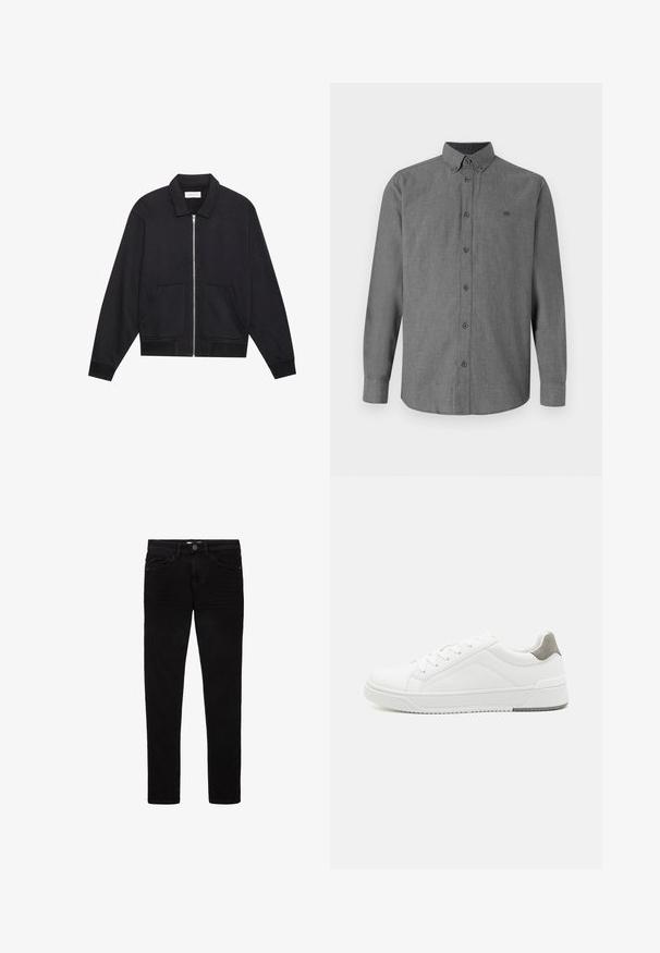 Zwarte ritssluiting jack met een kraag, twee voorkruiszakken, ribgebreide manchetten en een textuurstofafwerking. Eenvoudig en modern ontwerp.; TOM TAILOR STRUCTURED SHIRT - Overhemd - navy/multi coloured; Zwarte jeans van denim, met een slim fit ontwerp, vijf zakken en een knoopsluiting. Gladde textuur en minimale stiksels.; Witte sneaker van glad leer met een ronde neus, minimalistisch ontwerp, grijze hielaccent en een geplaatste rubberen zool.