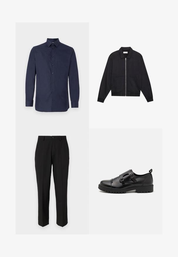 Veste noire zippée avec col, deux poches avant, poignets côtelés et finition en tissu texturé. Design simple et moderne.; Chemise de couleur bleu marine, boutonnée, en tissu lisse, avec un col classique, des manches longues et sept boutons noirs le long du devant.; Pantalon noir en tissu lisse, présentant une coupe droite, des poches avant, un bouton simple de fermeture et sans motifs visibles.; Pier One by Zalando Mocassins de ville - black