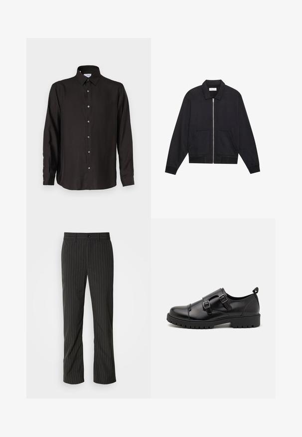 Chaqueta negra con cremallera y cuello, dos bolsillos frontales, puños acanalados y un acabado de tela texturizada. Diseño simple y moderno.; Camisa negra de manga larga hecha de una tela suave, con un cierre frontal de botones, collar puntiagudo y dobladillo redondeado con botones en contraste.; Pantalones de rayas negras con corte recto. Presentan una textura suave, cierre frontal con botón y pasadores para cinturón.; Pier One by Zalando Mocasines elegantes - black