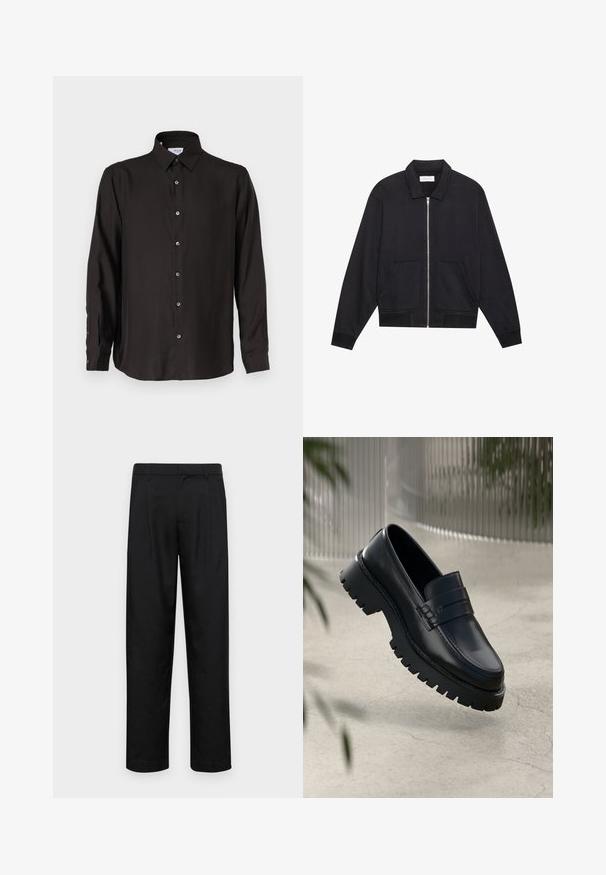 Chaqueta negra con cremallera y cuello, dos bolsillos frontales, puños acanalados y un acabado de tela texturizada. Diseño simple y moderno.; Camisa negra de manga larga hecha de una tela suave, con un cierre frontal de botones, collar puntiagudo y dobladillo redondeado con botones en contraste.; Pantalones negros de tela suave, con un diseño de pierna recta, dos pliegues frontales y una cintura estándar con trabillas para el cinturón.; Mocasines de cuero negro con suela gruesa, que presentan una correa decorativa y detalles de costura. Textura suave con un acabado pulido.
