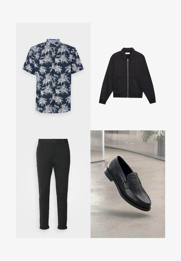 Schwarze Zip-Jacke mit Kragen, zwei Fronttaschen, gerippten Bündchen und einer strukturierten Stoffoberfläche. Einfaches und modernes Design.; Kurzärmliges, knöpfbares Hemd in Marineblau mit einem weißen Palmenprint. Verfügt über einen kragenförmigen Ausschnitt und braune Knöpfe. Strukturiertes Material.; Schwarze Hose aus einem glatten Stoff mit geradem Schnitt. Besitzt einen einzelnen Knopfverschluss und umgeschlagene Bündchen.; Schwarzer Lederloafer mit glatter Textur, spitzer Zehe und einem dekorativen Riemen über dem Rist. Leichte Sohle, minimalistisches Design.
