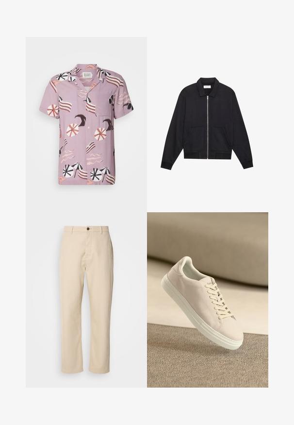 Veste noire zippée avec col, deux poches avant, poignets côtelés et finition en tissu texturé. Design simple et moderne.; Chemise à manches courtes, de couleur lavande, arborant un motif sur le thème de la plage avec des parapluies, des vagues et des accents rayés. Comprend une poche poitrine et une fermeture à boutons.; Pantalons en coton beige avec jambes droites, fermeture à bouton à l'avant, poches latérales et texture lisse. Design minimaliste, sans motifs visibles.; Baskets en suède beige avec semelle et lacets blancs, présentées en suspension au-dessus d'un tapis beige texturé sur fond beige doux.