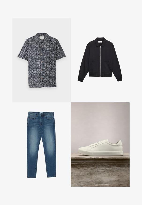 Sort lynlåsjakke med krave, to frontlommer, ribbede manchetter og en struktureret stoffinish. Enkel og moderne design.; Kortærmet skjorte i marineblå med et hvidt abstrakt mønster, featuring knaplukning foran og krave. Blødt stof med en afslappet pasform.; Denimjeans i midtblå med en falmet vask, fem-lomme design, lige ben pasform og broderede detaljer. Knap- og lynlåslukning.; Hvide snørresneakers svævende over en træbænk med grønne planter i baggrunden, der fremhæver skodesign og tekstur.