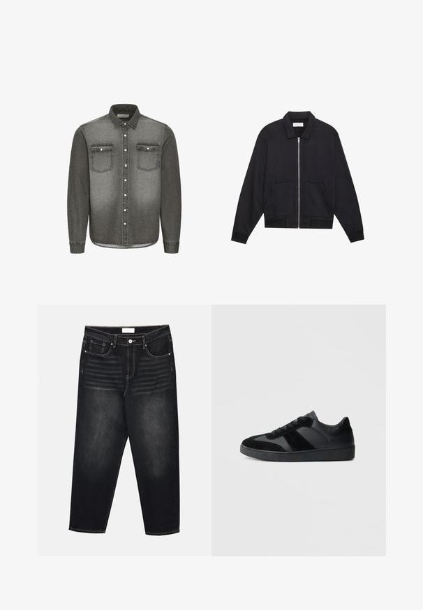 Sort lynlåsjakke med krave, to frontlommer, ribbede manchetter og en struktureret stoffinish. Enkel og moderne design.; Grå denimskjorte med button-down krave, lange ærmer, to brystlommer og sølvhardware detaljer. Aftagende gradient design.; Sorte denim jeans med en afslappet pasform, der har slidte vertikale linjer, fem-lomme design og kontrasterende gul syninger.; Sorte sneakers med en kombination af glat læder og ruskind, med en tekstureret sort gummisål og subtil stripingdetalje.