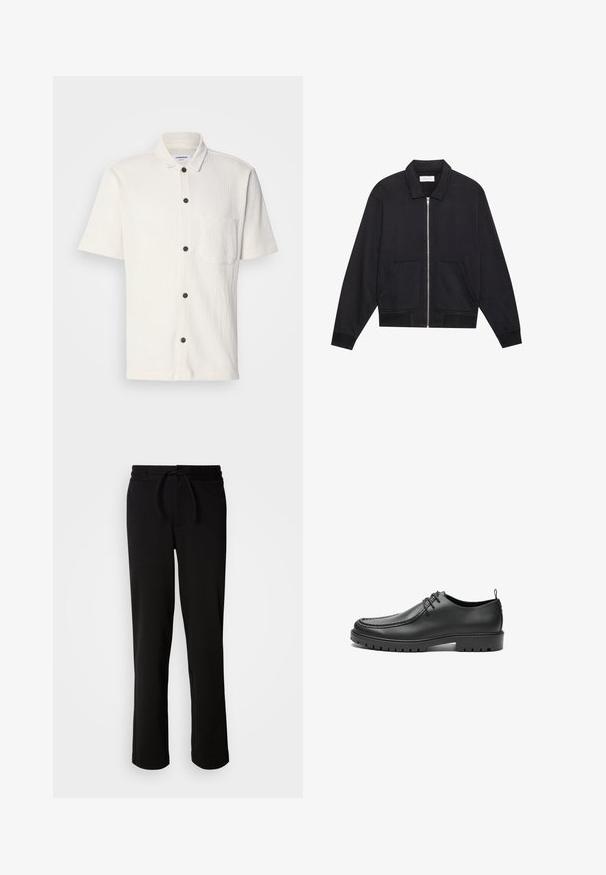 Chaqueta negra con cremallera y cuello, dos bolsillos frontales, puños acanalados y un acabado de tela texturizada. Diseño simple y moderno.; Camisa blanca de manga corta con un diseño texturizado, botones frontales en marrón oscuro y un único bolsillo en el pecho.; Pantalones de chándal negros con cinturilla ajustable, hechos de tela suave y elástica. Presentan un corte relajado con piernas rectas y sin bolsillos visibles.; Zapatos de cuero negro con un acabado suave, punta redondeada y costuras decorativas. Cuenta con una suela de goma con surcos para tracción y un diseño de cordones.
