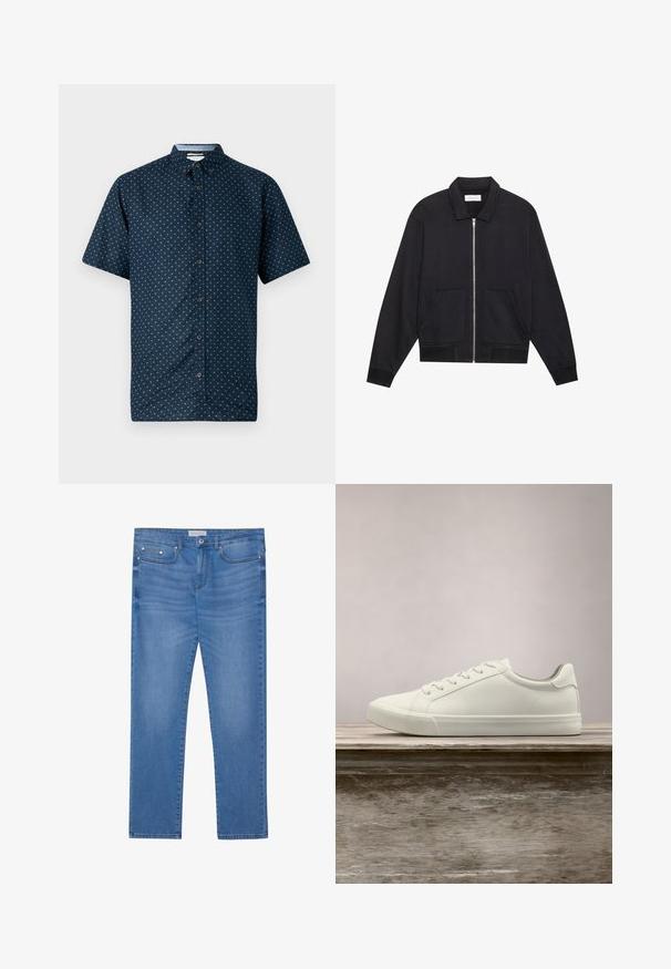 Sort lynlåsjakke med krave, to frontlommer, ribbede manchetter og en struktureret stoffinish. Enkel og moderne design.; Korte ærmer navy knap-op skjorte med et lille hvidt bladmønster, krave og mørke knapper. Fremstillet af letvægtsstof, glat tekstur.; Lyseblå denimjeans med lige ben, femlommes design, subtil falming og metalbeslag ved taljen og lommerne.; Hvide snørresneakers svævende over en træbænk med grønne planter i baggrunden, der fremhæver skodesign og tekstur.