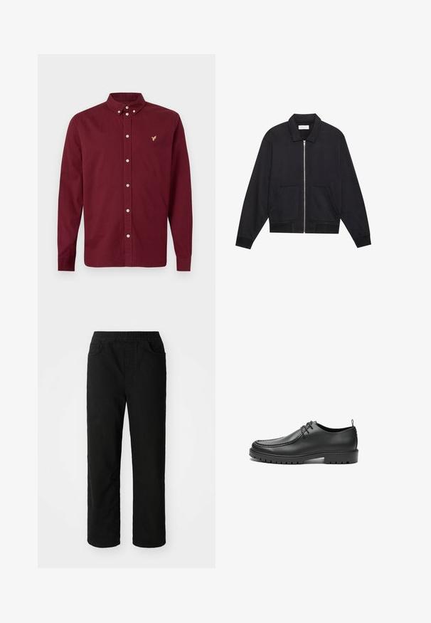 Veste noire zippée avec col, deux poches avant, poignets côtelés et finition en tissu texturé. Design simple et moderne.; Chemise à manches longues boutonnée en bordeaux profond avec un col boutonné et un petit logo brodé d'un oiseau doré sur le côté gauche de la poitrine.; Pantalons en coton noir avec une coupe décontractée, taille élastique, deux poches avant et jambes droites. Texture lisse sans motifs visibles.; Chaussures en cuir noir avec une finition lisse, bout arrondi et coutures décoratives. Elles possèdent une semelle en caoutchouc avec des rainures de traction et un laçage.