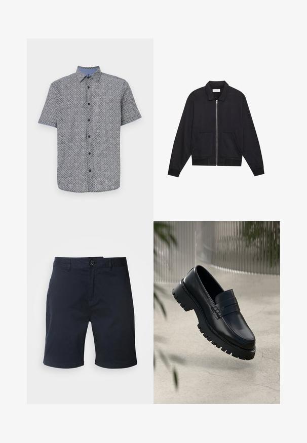 Veste noire zippée avec col, deux poches avant, poignets côtelés et finition en tissu texturé. Design simple et moderne.; Chemise à manches courtes en bleu marine et blanc avec un motif géométrique, fermeture à boutons à l'avant, et col et poignets de couleur bleu clair contrastants. Tissu léger.; Shorts en coton bleu marine avec fermeture à bouton, passants de ceinture et ourlet droit. Présente une texture lisse et un design classique.; Mocassins en cuir noir avec une semelle à crampons épaisse, dotés d'une sangle décorative et de détails de couture. Texture lisse avec une finition polie.