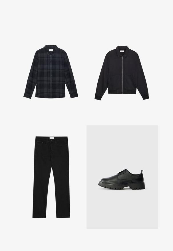 Veste noire zippée avec col, deux poches avant, poignets côtelés et finition en tissu texturé. Design simple et moderne.; Chemise en flanelle à carreaux noirs et gris, avec un devant à boutons, des manches longues et un design de col classique.; Jean droit noir avec un design à cinq poches, fermeture à bouton et zip, et une étiquette de marque Pier One sur la taille.; Chaussures en cuir noir à lacets avec un bout arrondi, surface texturée et semelle en caoutchouc épaisse dotée de profondes rainures pour une meilleure adhérence.