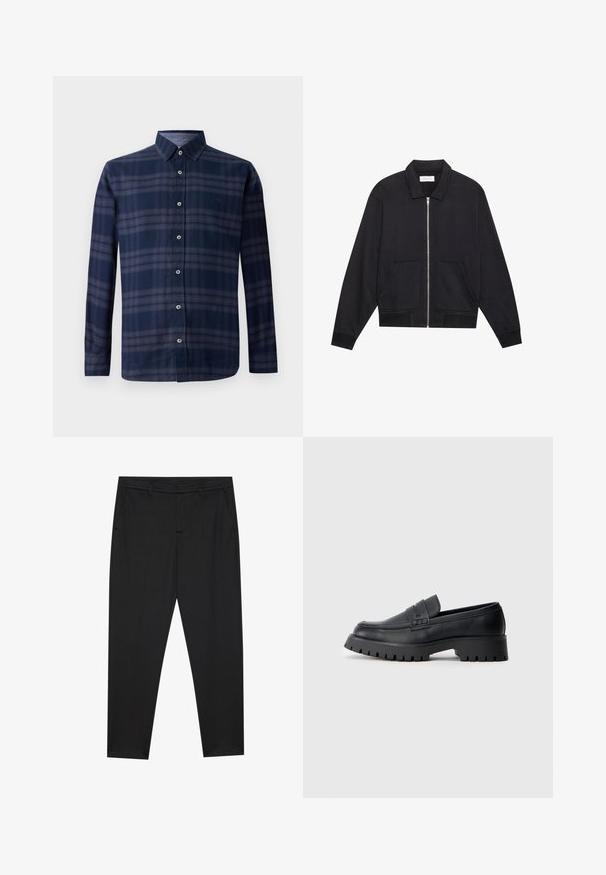 Sort lynlåsjakke med krave, to frontlommer, ribbede manchetter og en struktureret stoffinish. Enkel og moderne design.; Langærmet skjorte i marineblå plaid med knappet front og spids krave, præsenteret mod en hvid baggrund.; Pier One Chino - black; Sorte læder loafers med en rund tå, prydet med en dekorativ rem og en kraftig gummisål med dybe riller for grip.