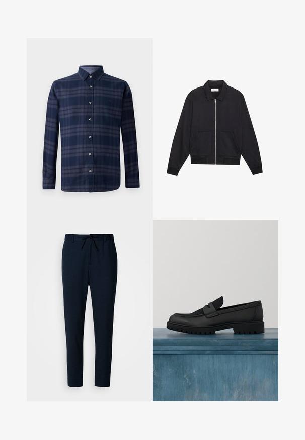 Sort lynlåsjakke med krave, to frontlommer, ribbede manchetter og en struktureret stoffinish. Enkel og moderne design.; Langærmet skjorte i marineblå plaid med knappet front og spids krave, præsenteret mod en hvid baggrund.; Marineblå bukser lavet af et blødt, let stof. Har snoretræk i taljen, tilspidsede ben og en glat tekstur.; Sort lædersko uden snørebånd med en tekstureret stofdetalje, en robust gummisål og en glat finish. Har diskrete syningsdetaljer.