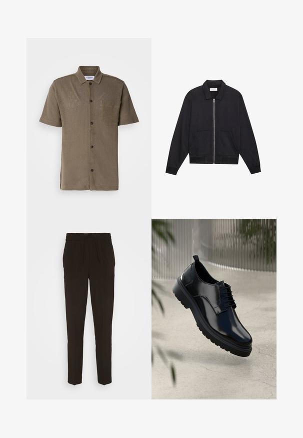 Sort lynlåsjakke med krave, to frontlommer, ribbede manchetter og en struktureret stoffinish. Enkel og moderne design.; Kortærmet, olivenfarvet skjorte lavet af mesh-stof, med knaplukning foran, en brystlomme og en afslappet pasform.; Sorte, lange, tapered bukser lavet af et blødt, glat materiale. Har en elastisk talje med snøre til justerbar pasform.; Sorte lædersko med en blank overflade, rund tå, snøredesign, kontrastsyninger og en tyk gummisål med mønster.