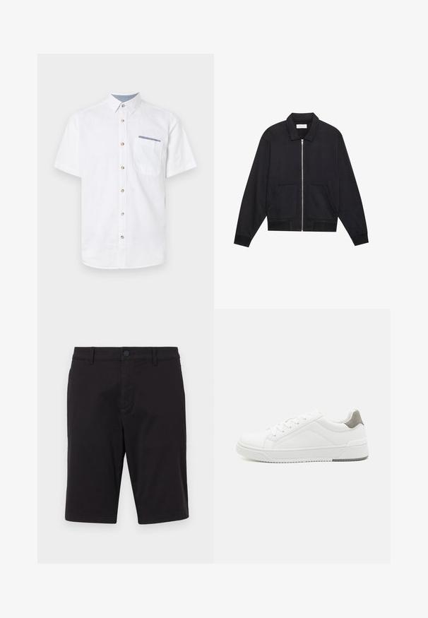 Veste noire zippée avec col, deux poches avant, poignets côtelés et finition en tissu texturé. Design simple et moderne.; Chemise blanche à manches courtes en coton, avec un devant à boutons, des boutons marron, et une poche poitrine avec un accent bleu.; Shorts noirs en tissu léger. Dotés d'une fermeture à bouton, de passants de ceinture, de deux poches latérales et d'une coupe droite.; Basket blanche en cuir lisse, à bout arrondi, design minimaliste, accent de talon gris et semelle en caoutchouc texturé.