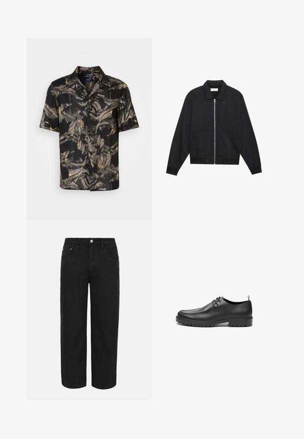 Schwarze Zip-Jacke mit Kragen, zwei Fronttaschen, gerippten Bündchen und einer strukturierten Stoffoberfläche. Einfaches und modernes Design.; Schwarzes kurzärmliges Hemd mit einem abstrakten grau-gelben Muster, aus leichtem Stoff hergestellt, mit einem Hemdkragen und vorderen Knöpfen.; Schwarze gerade geschnittene Hose mit vorderer Knopf- und Reißverschluss, Gürtelschlaufen und drei vorderen Taschen auf hellem einfarbigem Hintergrund.; Schwarze Lederschuhe mit glatter Oberfläche, runder Zehenform und dekorativer Naht. Mit einer Gummisohle mit Traktionsrillen und Schnürdesign.