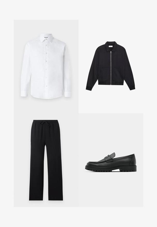 Schwarze Zip-Jacke mit Kragen, zwei Fronttaschen, gerippten Bündchen und einer strukturierten Stoffoberfläche. Einfaches und modernes Design.; Weißes Langarmhemd mit klassischem Kragen, durchgehendem Knopfverschluss und abgerundetem Saum. Hergestellt aus glattem Baumwollstoff ohne Muster.; Schwarze locker sitzende Hose mit elastischem Bund und vorderem Kordelzug, gerade Beine, schlichtes Design, auf neutralem Hintergrund dargestellt.; Schwarze Lederloafer mit runder Zehenform, ausgestattet mit einem gesteppten Design, niedrigem Plattformsohle und einer strukturierten, genoppten Gummisohle.