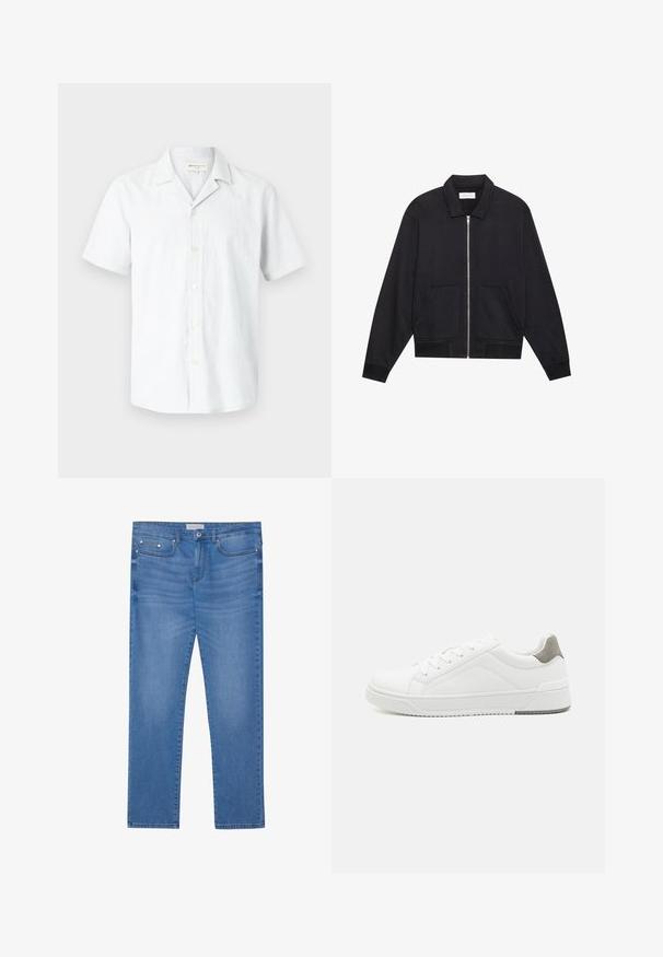 Veste noire zippée avec col, deux poches avant, poignets côtelés et finition en tissu texturé. Design simple et moderne.; Chemise à manches courtes, de couleur gris clair, boutonnée, en mélange de lin, avec un col camp et six boutons à l'avant, texture lisse.; Jeans en denim bleu clair avec une coupe droite, design à cinq poches, décoloration subtile et accents en métal au niveau de la taille et des poches.; Basket blanche en cuir lisse, à bout arrondi, design minimaliste, accent de talon gris et semelle en caoutchouc texturé.