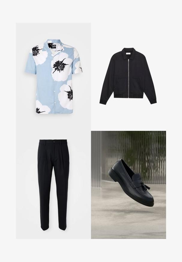 Schwarze Zip-Jacke mit Kragen, zwei Fronttaschen, gerippten Bündchen und einer strukturierten Stoffoberfläche. Einfaches und modernes Design.; Kurzarm-Hemd aus leichtblauem Stoff mit großen weißen Blumen und schwarzen Akzenten. Mit einem Camp-Kragen und lässiger Passform.; Schwarze, maßgeschneiderte Hose mit vorderen Falten, Knopfverschluss und Gürtelschlaufen, vor einem weißen Hintergrund präsentiert.; Schwarze Leder-Loafer mit glatter Textur, gerundeter Zehenpartie und dekorativen Quasten vorne. Flexible Gummisohle mit niedrigem Absatz.