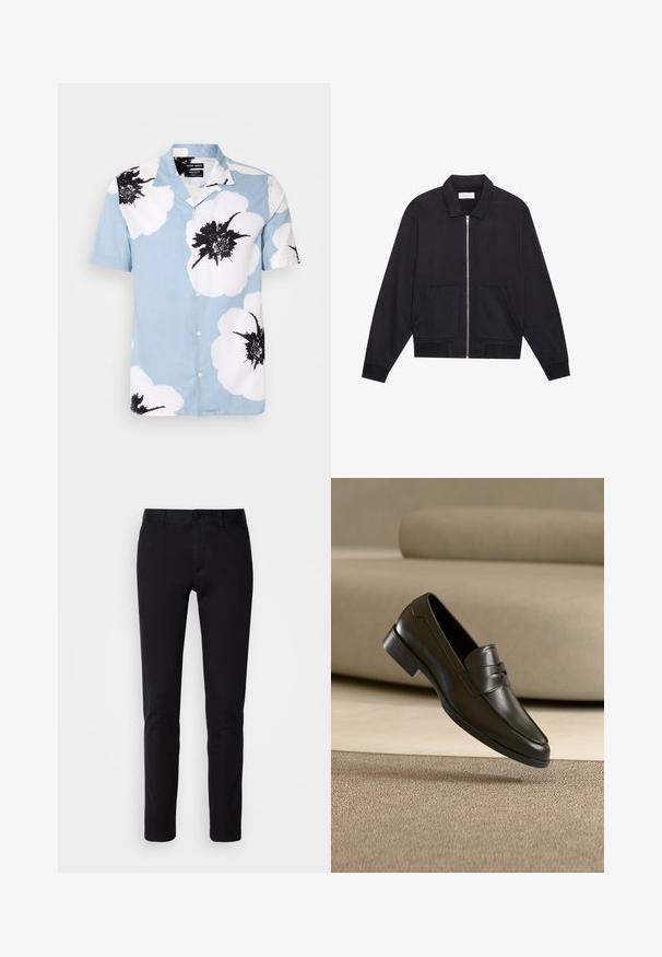 Sort lynlåsjakke med krave, to frontlommer, ribbede manchetter og en struktureret stoffinish. Enkel og moderne design.; Kortærmet skjorte med knapper i lyseblåt stof med store hvide blomster og sorte detaljer. Har en camp krave og en afslappet pasform.; Sorte bukser lavet af glat bomuldsstof, med en lige ben design, forlommer, en knaplukning og en ren finish.; Sort lædersko med slip-on design, svævende over beige tæppe med beige sofa i baggrunden, der fremhæver klassisk herrestil.