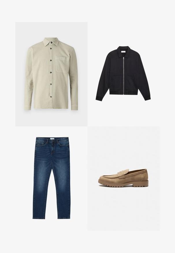 Sort lynlåsjakke med krave, to frontlommer, ribbede manchetter og en struktureret stoffinish. Enkel og moderne design.; Langærmet skjorte i lyse beige stof. Har en spids krave, en brystlomme og sorte knapper. Enkel, struktureret design.; Mørkeblå slim-fit jeans med falmede detaljer, klassisk fem-lomme design, knappelukning og bæltestropper.; Tan mockasiner i ruskind med rund tå, flad gummisål og dekorative syninger på overdelen. Har et slip-on design uden snørebånd.