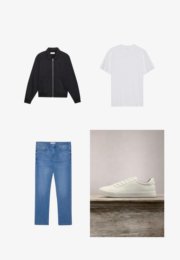 Zwarte ritssluiting jack met een kraag, twee voorkruiszakken, ribgebreide manchetten en een textuurstofafwerking. Eenvoudig en modern ontwerp.; Witte katoenen T-shirt met korte mouwen, een ronde hals en een gladde textuur. Heeft minimale branding op de halslijn.; Lichtblauwe spijkerbroek met een rechte pijp, vijf zakken, subtiele vervaging en metalen accenten op de taille en zakken.; Witte vetersneaker die boven een houten bank zweeft met groene bladeren op de achtergrond, waarbij het ontwerp en de textuur van de schoen worden getoond.