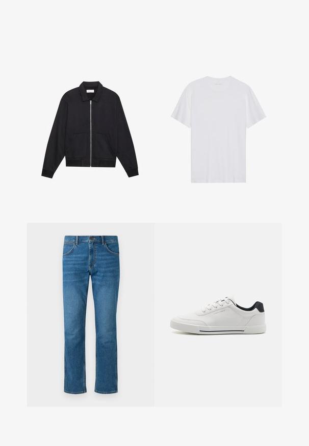 Sort lynlåsjakke med krave, to frontlommer, ribbede manchetter og en struktureret stoffinish. Enkel og moderne design.; Hvid bomulds T-shirt med korte ærmer, rund hals og en glat tekstur. Har minimal branding på halsudskæringen.; Blå denim jeans med fem lommer, knaplukning og lige ben. Har subtilt slid og kontrastsyede detaljer.; Hvide sneakers med en glat syntetisk overdel, rund tå, snørebåndsdesign, marineblå accent på hælen og en tekstureret gummisål med en sort stribe.