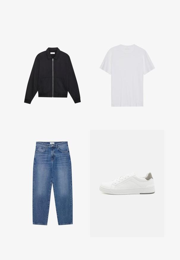Zwarte ritssluiting jack met een kraag, twee voorkruiszakken, ribgebreide manchetten en een textuurstofafwerking. Eenvoudig en modern ontwerp.; Witte katoenen T-shirt met korte mouwen, een ronde hals en een gladde textuur. Heeft minimale branding op de halslijn.; Blauwe denim jeans met een hoge taille, rechte pijpen en een vervaagde afwerking. Beschikt over vijf zakken en een knoopsluiting.; Witte sneaker van glad leer met een ronde neus, minimalistisch ontwerp, grijze hielaccent en een geplaatste rubberen zool.