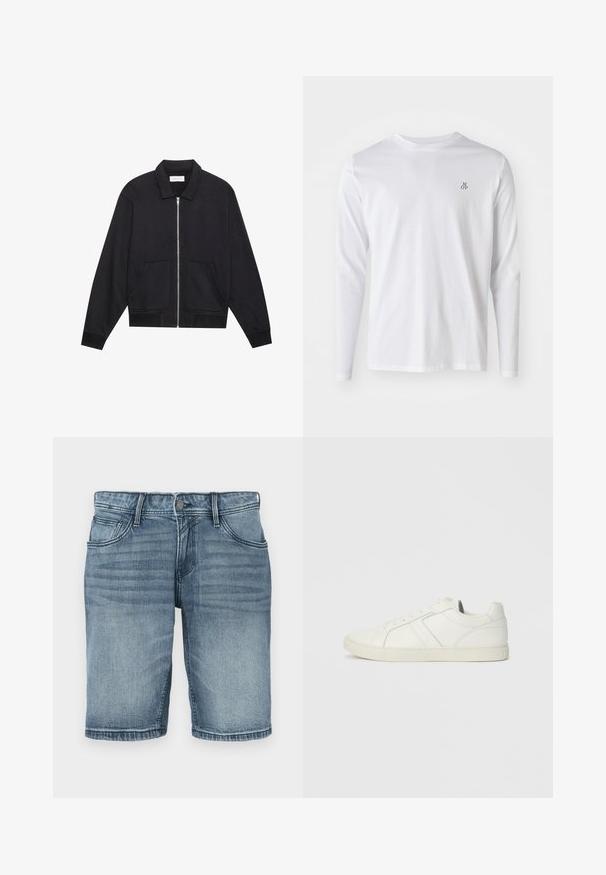 Schwarze Zip-Jacke mit Kragen, zwei Fronttaschen, gerippten Bündchen und einer strukturierten Stoffoberfläche. Einfaches und modernes Design.; Langärmliges weißes Baumwollhemd mit rundem Ausschnitt und kleinem "M OP"-Logo in Dunkelblau auf der linken Brust. Glatte Textur.; Denim-Shorts in heller blauer Waschung, mit einem klassischen Fünf-Taschen-Design, gestickten Details und einem geraden Bein mit einem gesäumten Abschluss.; Niedrig geschnittenen weißen Ledersneaker mit Schnürverschluss und flacher Gummisohle, von der Innenseite auf einem schlichten Hintergrund betrachtet.