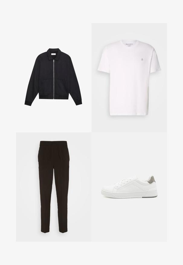 Schwarze Zip-Jacke mit Kragen, zwei Fronttaschen, gerippten Bündchen und einer strukturierten Stoffoberfläche. Einfaches und modernes Design.; Weißes kurzärmliges T-Shirt aus Baumwolle mit Rundhalsausschnitt und einem kleinen grauen Logo auf der Brust. Glatte Textur, klassischer Schnitt.; Schwarze, lange, schmal zulaufende Hose aus einem weichen, glatten Material. Mit einem elastischen Bund und einem Kordelzug für eine verstellbare Passform.; Weißer Sneaker aus glattem Leder, runde Zehenpartie, minimalistisches Design, graue Fersenkante und strukturierte Gummisohle.