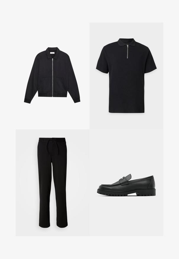 Sort lynlåsjakke med krave, to frontlommer, ribbede manchetter og en struktureret stoffinish. Enkel og moderne design.; Sort polo t-shirt med korte ærmer, tekstureret stof og en sølv lynlås foran, der går fra kraven til brystet.; Sorte sweatpants med snor i taljen, lavet af blødt og strækbart stof. Har en afslappet pasform med lige ben og uden synlige lommer.; Sorte læder loafers med rund tå, der har et syet design, lav platformssål og en struktureret, skridsikker gummisål.