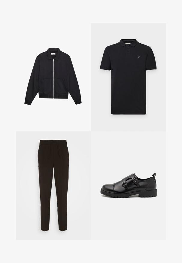 Schwarze Zip-Jacke mit Kragen, zwei Fronttaschen, gerippten Bündchen und einer strukturierten Stoffoberfläche. Einfaches und modernes Design.; Schwarzes Poloshirt mit kurzen Ärmeln, drei Knöpfen, Kragen und kleinem gesticktem Logo auf der linken Brust, auf einfachem Hintergrund dargestellt.; Schwarze, lange, schmal zulaufende Hose aus einem weichen, glatten Material. Mit einem elastischen Bund und einem Kordelzug für eine verstellbare Passform.; Pier One by Zalando Business-Slipper - black