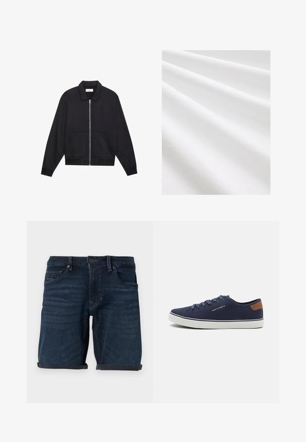 Zwarte ritssluiting jack met een kraag, twee voorkruiszakken, ribgebreide manchetten en een textuurstofafwerking. Eenvoudig en modern ontwerp.; Katoenen stof, witte kleur, zachte textuur met subtiele vouwen en plooien. Gelijke oppervlakte, licht reflecterend, zonder patronen of accenten.; Donkerblauwe denimshorts met opgerolde mouwen, voorzien van voorzakken, een knoopsluiting en een merkelabel op de achterzak.; Marineblauwe canvas sneakers met witte rubberen zolen, voorzien van bijpassende veters, een bruine leren accent op de hiel en minimalistische ontwerpelementen.