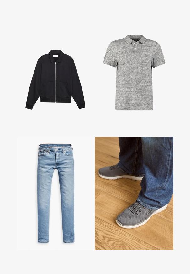 Sort lynlåsjakke med krave, to frontlommer, ribbede manchetter og en struktureret stoffinish. Enkel og moderne design.; Grå polo skjorte med korte ærmer, krave og tre knapper; har en brystlomme og et struktureret, meleret stof.; Lyseblå denimbukser, lige pasform, fem-lomme design, med lynlås og knaplukning. Glat tekstur med subtile falmede detaljer.; Grå løbesko med mesh-overdel, hvid sål og elastiske snørebånd. Parret med blå denimjeans, på et trægulv.