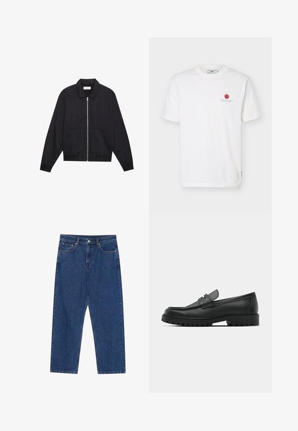 Veste noire zippée avec col, deux poches avant, poignets côtelés et finition en tissu texturé. Design simple et moderne.; T-shirt blanc à manches courtes avec un petit motif de pomme rouge et un texte noir sur le côté gauche de la poitrine, col rond, et étiquette de la marque à l'intérieur du col.; Jeans en denim bleu foncé, avec une coupe droite, des poches avant et une braguette à bouton avec des coutures contrastées.; Mocassins en cuir noir à bout arrondi, avec un design cousu, une semelle plateforme basse et une semelle en caoutchouc texturée et crantée.