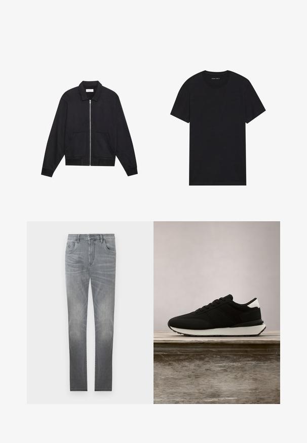 Veste noire zippée avec col, deux poches avant, poignets côtelés et finition en tissu texturé. Design simple et moderne.; T-shirt en coton noir à manches courtes et col rond. Le tissu a une texture lisse et un design simple et uni.; Jeans en denim gris avec un design délavé, style à cinq poches, fermeture à bouton et coupe droite. Texture lisse avec un léger vieillissement sur les bords.; Baskets noires avec semelle blanche et détail au talon flottant au-dessus d'un banc en bois, herbes hautes vertes floues en arrière-plan.