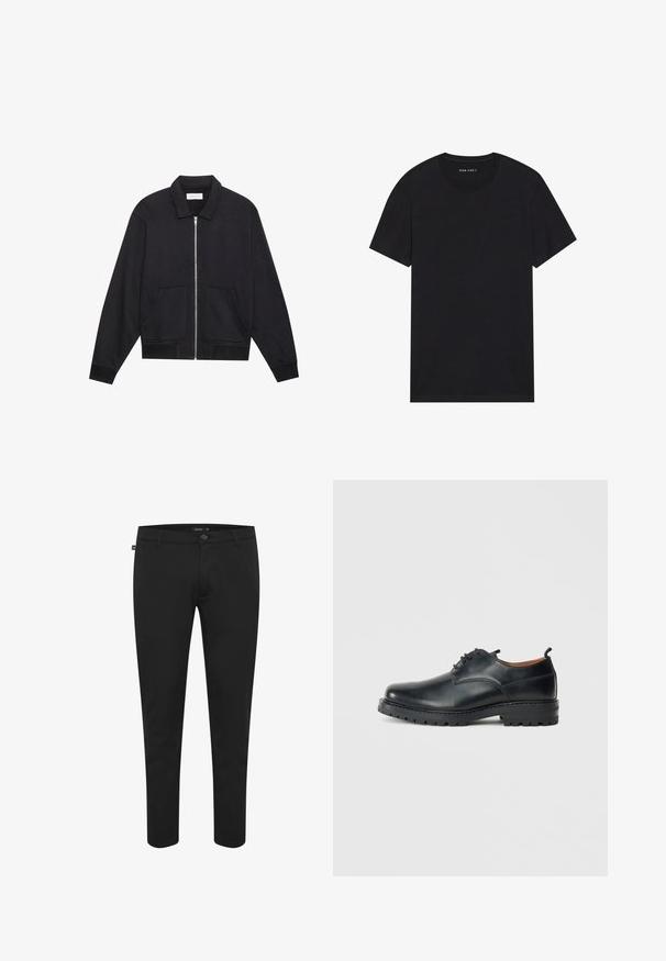 Sort lynlåsjakke med krave, to frontlommer, ribbede manchetter og en struktureret stoffinish. Enkel og moderne design.; Sort bomulds t-shirt med korte ærmer og rund halsudskæring. Stoffet har en glat tekstur og et enkelt, ensfarvet design.; Sorte bukser lavet af glat stof. Har en knaplukning, bæltesløjfer og et slim fit-design med tapered ben. Ingen synlige mønstre.; Sorte læder derby-sko med en glat overflade, rund tå, snøre-design og en tyk, robust gummisål.