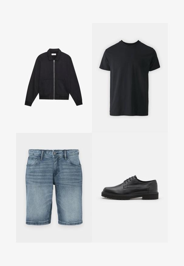 Schwarze Zip-Jacke mit Kragen, zwei Fronttaschen, gerippten Bündchen und einer strukturierten Stoffoberfläche. Einfaches und modernes Design.; Schwarzes Baumwoll-T-Shirt mit kurzen Ärmeln, Rundhalsausschnitt und lässiger Passform. Glatte Textur und gerader Saum, keine sichtbaren Grafiken oder Muster.; Denim-Shorts in heller blauer Waschung, mit einem klassischen Fünf-Taschen-Design, gestickten Details und einem geraden Bein mit einem gesäumten Abschluss.; Schwarzer Lederschuh mit abgerundeter Zehenpartie, glatter Oberfläche und minimaler Nahtführung. Verfügt über eine Schnürverschluss und eine dicke, strukturierte Gummisohle.