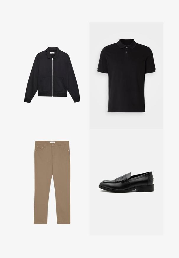 Chaqueta negra con cremallera y cuello, dos bolsillos frontales, puños acanalados y un acabado de tela texturizada. Diseño simple y moderno.; Polo negro de algodón, con cuello clásico, tapeta de dos botones, mangas cortas y logo bordado en el pecho.; Pantalones de algodón elásticos color beige con un diseño de pierna recta, estilo de cinco bolsillos y acentos de herrajes metálicos. Textura suave y detalles de costura clásica.; Mocasín negro de cuero para hombre con detalle de borlas, punta redondeada, tacón bajo y acabado liso y pulido, mostrado de lado sobre un fondo blanco.