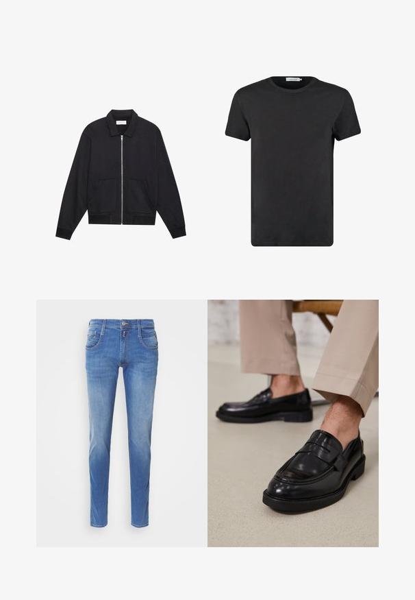 Sort lynlåsjakke med krave, to frontlommer, ribbede manchetter og en struktureret stoffinish. Enkel og moderne design.; Sort bomulds T-shirt med rund halsudskæring og korte ærmer. Stoffet har en glat tekstur og ingen mønstre eller detaljer. Normal pasform.; Blå denimjeans med slim fit. Har fem lommer, lukning med knap foran og let falming på benene. Lige benudskæring.; Sorte lædermokkasiner med en glat overflade, der har en dekorativ rem og kontraststing, parret med beige bukser.