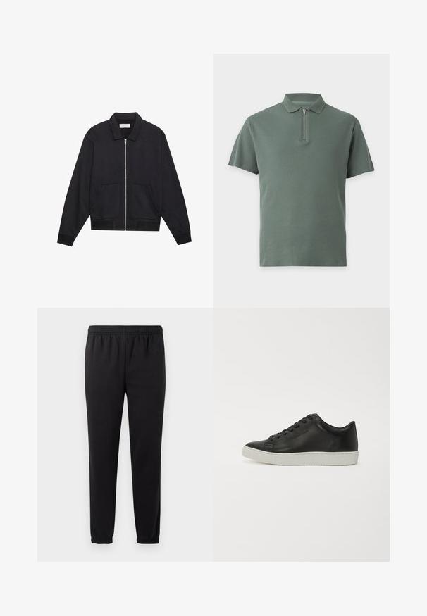 Zwarte ritssluiting jack met een kraag, twee voorkruiszakken, ribgebreide manchetten en een textuurstofafwerking. Eenvoudig en modern ontwerp.; Groen polohemd met korte mouwen van gestructureerde stof en een ritssluiting voor onder de kraag.; Zwarte joggingbroek met elastische tailleband, taps toelopende benen en textuurstof. Voorzien van een subtiele logo detail aan de linkerkant.; Zwarte leren sneakers met een ronde neus, een platte witte rubberen zool en een vetersluiting met zes oogjes. Gladde textuur, minimalistische stijl.
