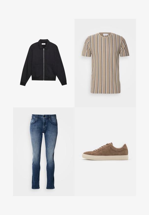 Zwarte ritssluiting jack met een kraag, twee voorkruiszakken, ribgebreide manchetten en een textuurstofafwerking. Eenvoudig en modern ontwerp.; Beige katoenen t-shirt met horizontale strepen in donkerbruin en wit, ronde hals en korte mouwen. Zachte textuur en casual ontwerp.; Blauwe denim jeans met een vervaagd uiterlijk, vijf zakken, rechte pijpen en stiksels. Eenvoudige sluiting met een knoop en rits.; Bruine suède casual sneakers met een lage profiel, platte beige rubberen zool en zes vetersluitingen. Rond neuspunt en minimalistisch ontwerp.
