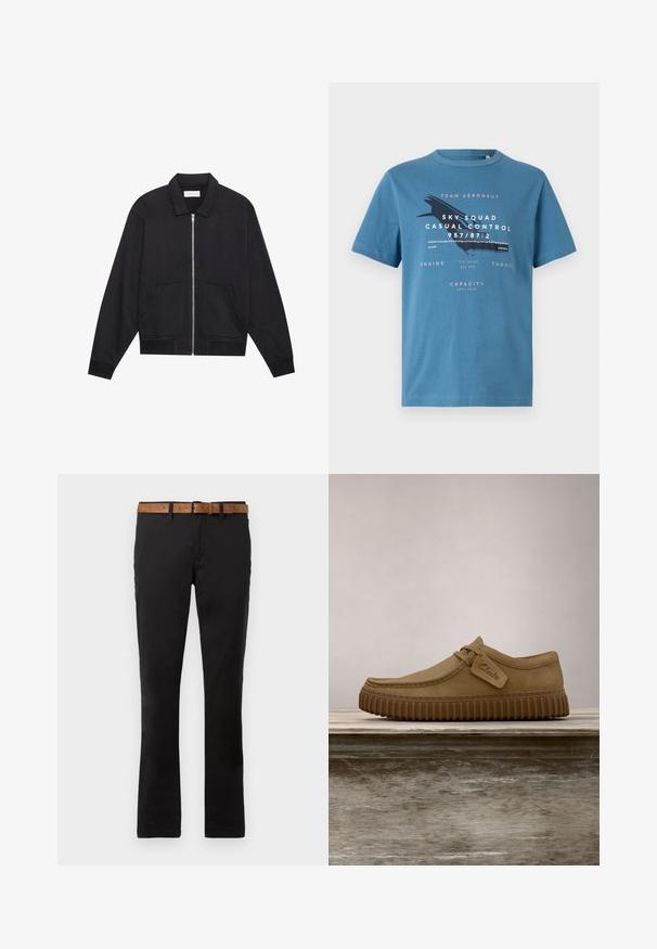 Sort lynlåsjakke med krave, to frontlommer, ribbede manchetter og en struktureret stoffinish. Enkel og moderne design.; Blå bomulds t-shirt med korte ærmer, med grafisk tekst og et flydesign på forsiden. Rund hals og regular fit.; Sorte bomulds chinos med lige ben-design, der har et brunt læderbælte. Glat tekstur, klassiske forlommer og bæltestropper.; Lysebrune ruskindsko med rund tå, syet detaljer og en ribbet brun gummisål. Har et sidemærke med "Clarks" logo.