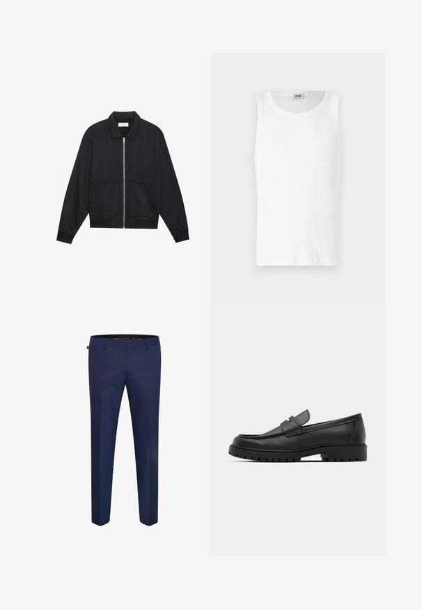 Schwarze Zip-Jacke mit Kragen, zwei Fronttaschen, gerippten Bündchen und einer strukturierten Stoffoberfläche. Einfaches und modernes Design.; Weißes Baumwoll-Tanktop ohne Ärmel mit Rundhalsausschnitt und glatter Textur. Einfaches Design, ohne Muster oder Akzente.; Marineblaue maßgeschneiderte Hose aus einem glatten Stoff, mit schmaler Passform und flacher Vorderseite ohne sichtbare Taschen oder Verzierungen.; Schwarze Lederloafer mit runder Zehenform, ausgestattet mit einem gesteppten Design, niedrigem Plattformsohle und einer strukturierten, genoppten Gummisohle.