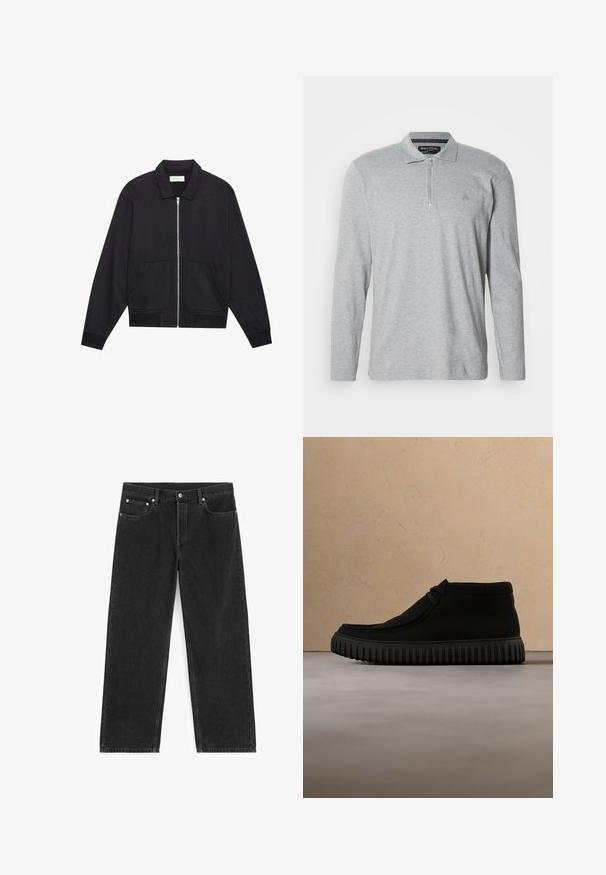 Veste noire zippée avec col, deux poches avant, poignets côtelés et finition en tissu texturé. Design simple et moderne.; Polo gris à manches longues en tissu doux, équipé d'une fermeture éclair à moitié, d'un col classique et d'un petit logo sur la poitrine.; Jean denim noir à jambes droites avec poches avant et arrière, passants de ceinture et fermeture par bouton à la taille.; Bottes de cheville noires en matériau doux, avec un bout rond, un lacet minimal, et une semelle en caoutchouc texturée comportant des rainures verticales.