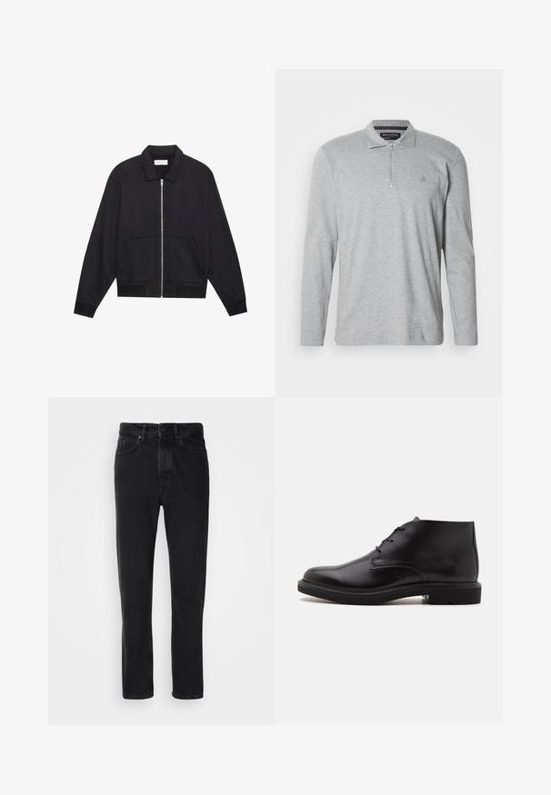 Sort lynlåsjakke med krave, to frontlommer, ribbede manchetter og en struktureret stoffinish. Enkel og moderne design.; Grå langærmet poloshirt lavet af blødt stof, med halv lynlås, klassisk krave og et lille logo på brystet.; Sorte denim jeans med lige ben-design, med knap- og lynlåslukning, forlommer og subtile teksturer.; Sort læderankelstøvle med tre snørehuller, rundet tå og flad sål på en ensfarvet lys baggrund.