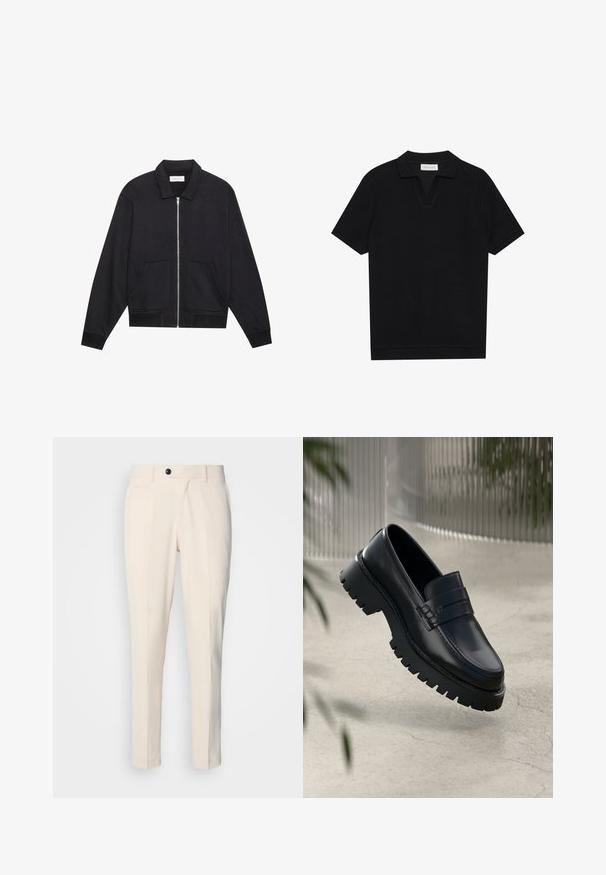 Chaqueta negra con cremallera y cuello, dos bolsillos frontales, puños acanalados y un acabado de tela texturizada. Diseño simple y moderno.; Polo de manga corta negro con tejido texturizado y acanalado, con escote en forma de V y dobladillo recto. Sin logos ni patrones visibles.; Pantalones tailored beige con frente plano, cierre de un botón y dos bolsillos laterales en ángulo. Tejido suave con corte slim y pierna entallada.; Mocasines de cuero negro con suela gruesa, que presentan una correa decorativa y detalles de costura. Textura suave con un acabado pulido.