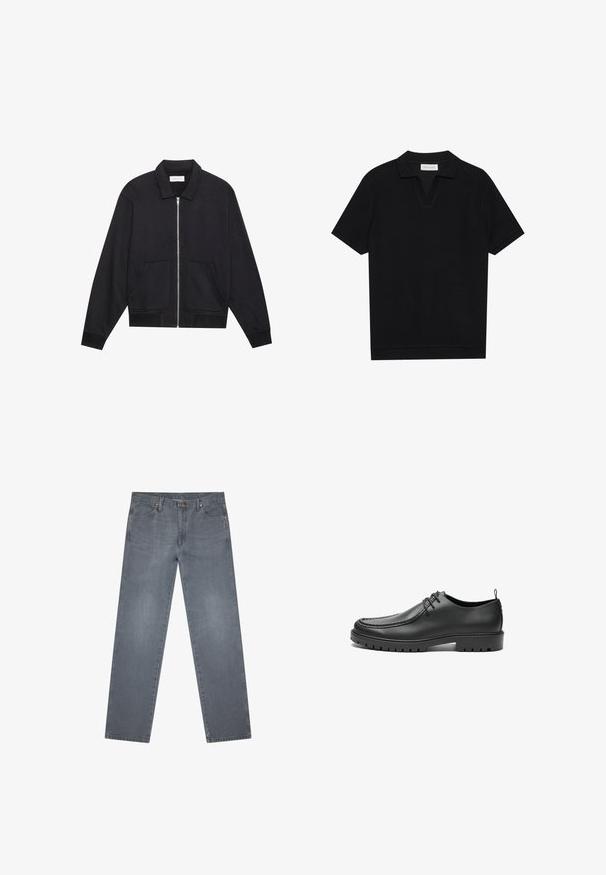 Veste noire zippée avec col, deux poches avant, poignets côtelés et finition en tissu texturé. Design simple et moderne.; Polo shirt noir à manches courtes avec un tissu texturé et côtelé, présentant un col en V et un ourlet droit. Pas de logos ni de motifs visibles.; Jean denim gris à jambe droite avec poches avant, passants pour ceinture et fermeture par bouton.; Chaussures en cuir noir avec une finition lisse, bout arrondi et coutures décoratives. Elles possèdent une semelle en caoutchouc avec des rainures de traction et un laçage.